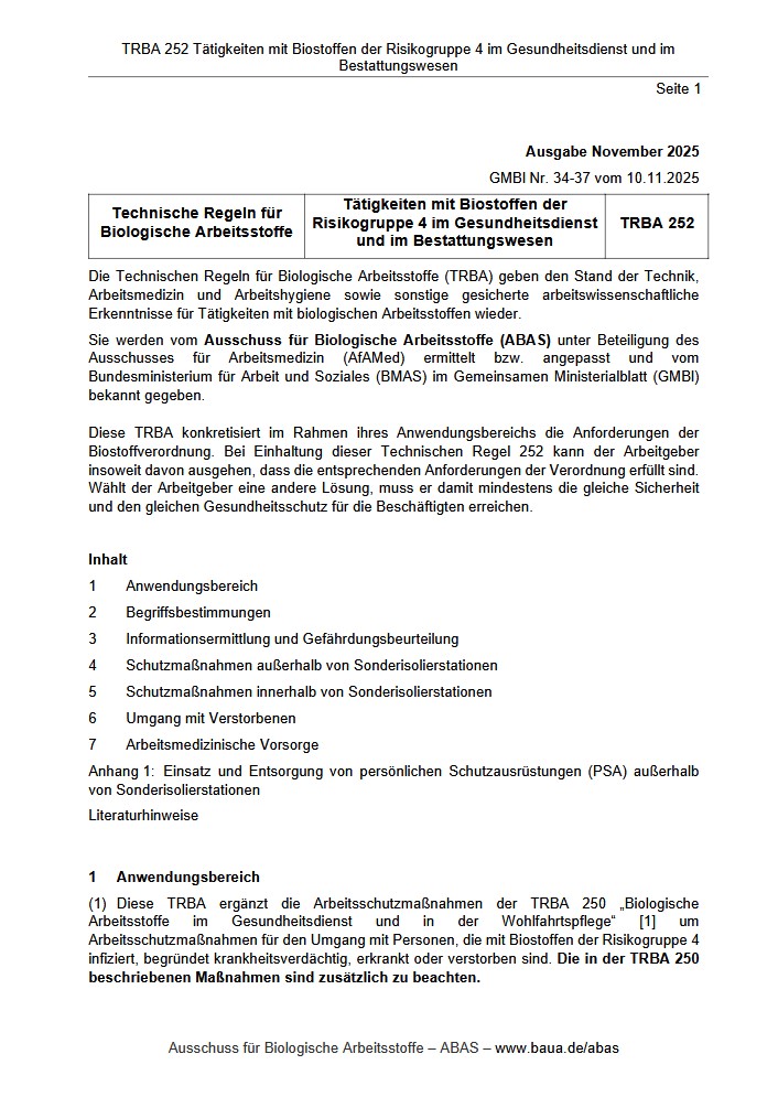 TRBA 252: Tätigkeiten mit Biostoffen der Risikogruppe 4 im Gesundheitsdienst und im Bestattungswesen